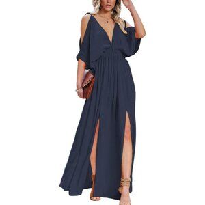 Navy Blue V Neck Cold Shoulder Short Sleeve Maxi Double Thigh Split Dress